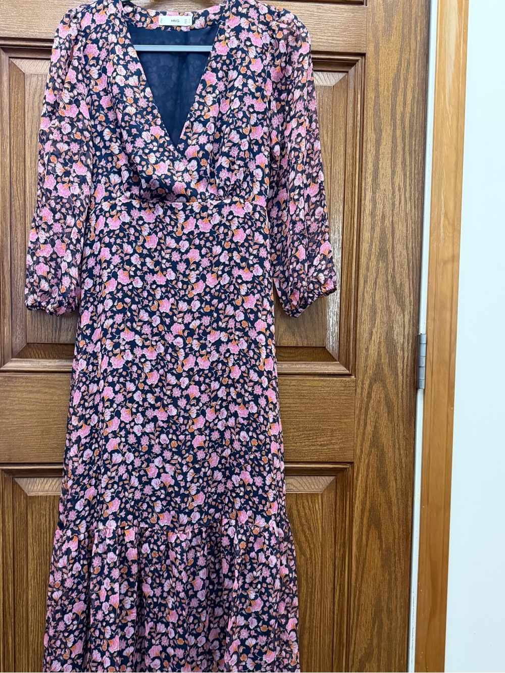 Floral Pink & Navy Blue V-Neck Maxi Dress